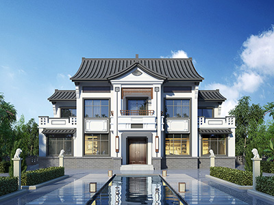 新中式二层别墅设计图，带地下室和游泳池